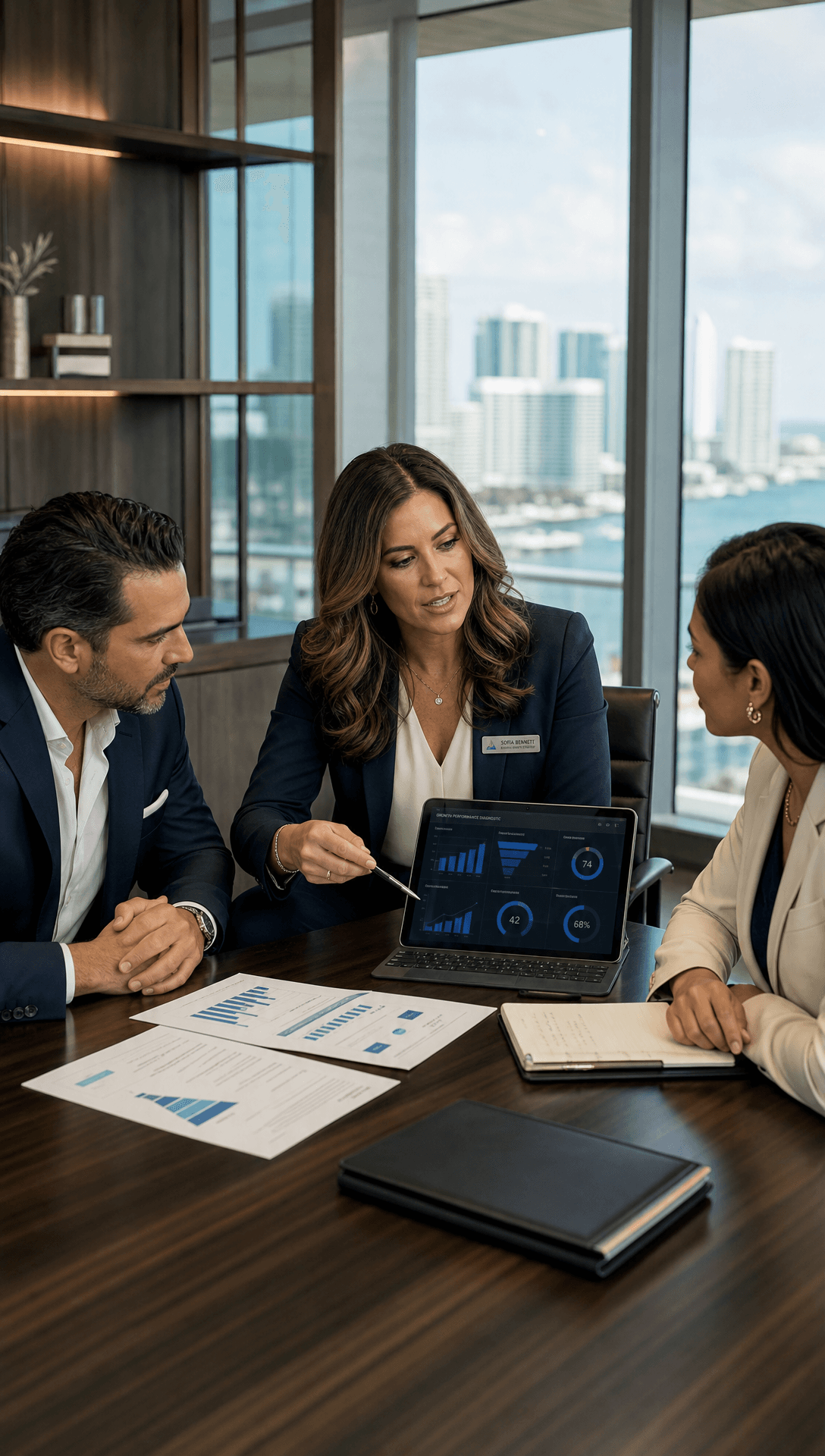 A Hathrise strategist reviewing a growth performance diagnostic on a tablet with two clients at a boardroom table in a premium city-view office