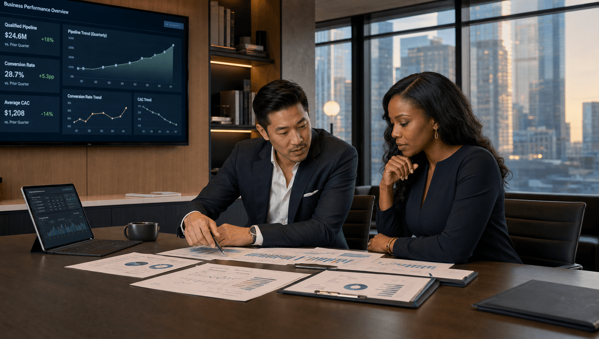 Two consultants reviewing performance reports beside a business performance dashboard showing rising pipeline and conversion metrics in a modern office
